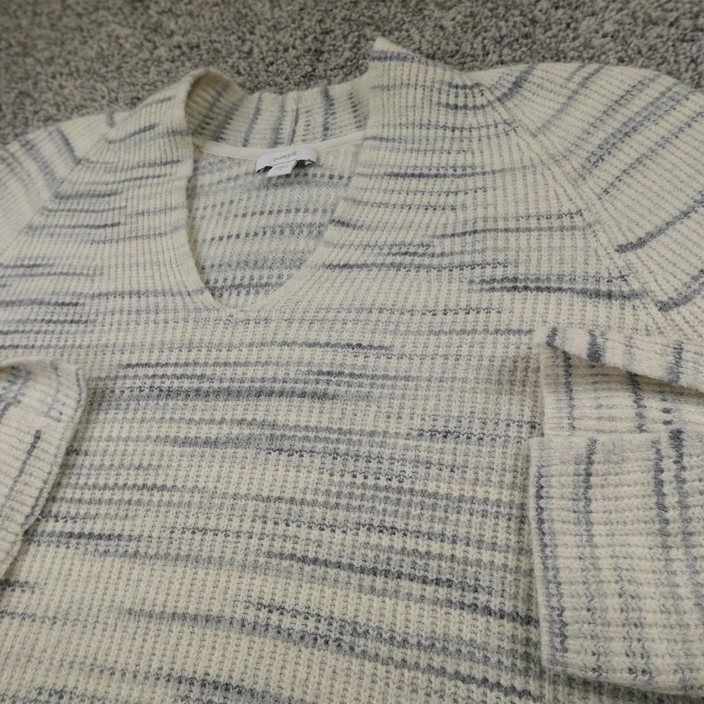 J Jill Sweater Womens S Beige Gray Striped Knit Pullover V Neck Tunic Sweatshirt